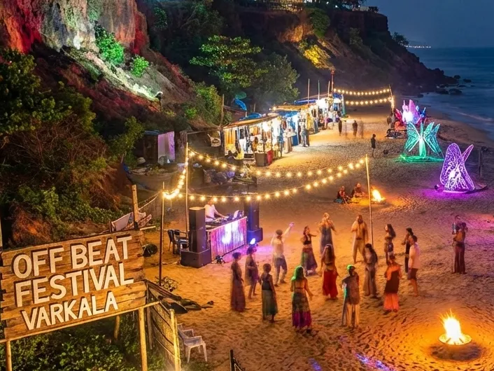 Off Beat Festival 2026 in Varkala featuring live music, art installations, yoga sessions, and beachs