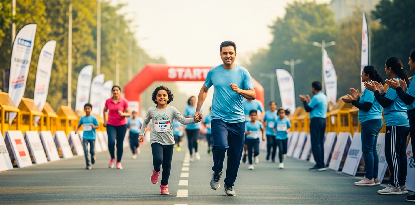 Children and parents enjoying a non-competitive kids run event in Thiruvananthapuram
