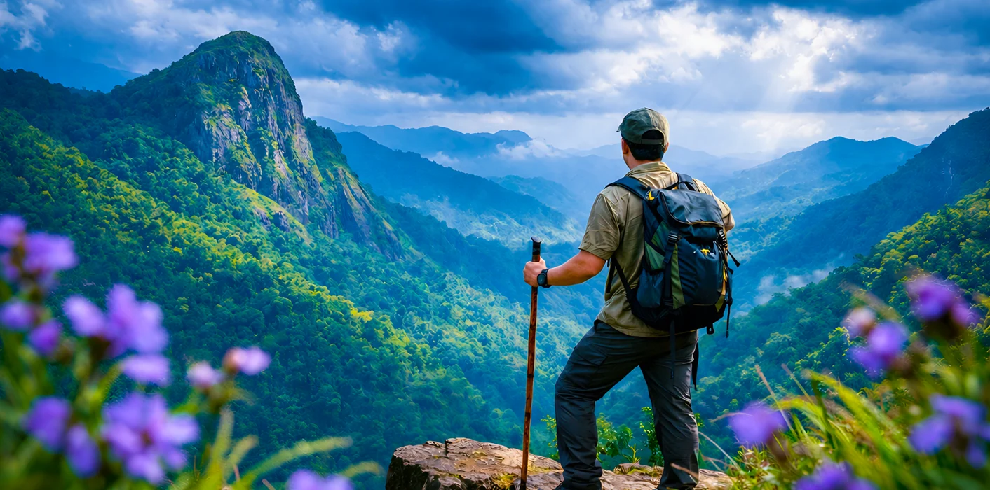 Scenic hilltop view from Kondaketti trek overlooking Agasthyamala range 